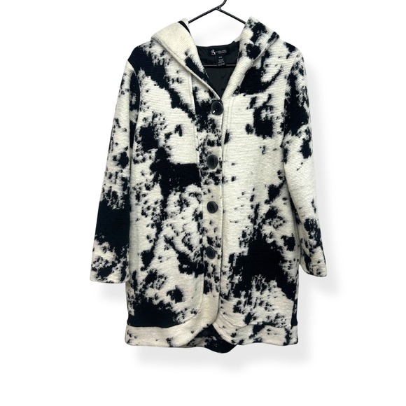 Alison Sheri Hooded Button Front Cardigan Black White Abstract Coat - Picture 1 of 6